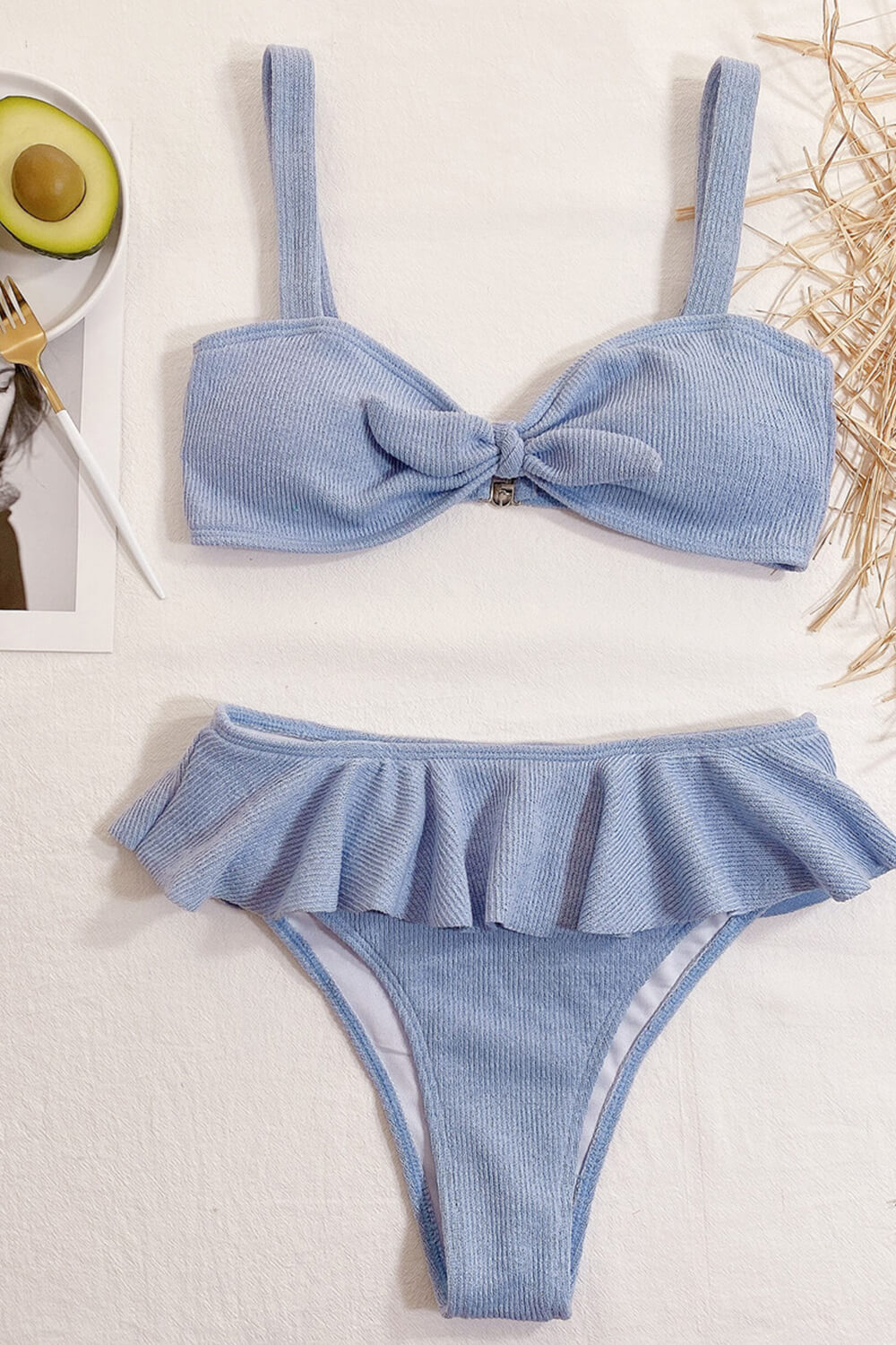 Light Blue Ribbed Ruffle High Waist Bikini Bottom