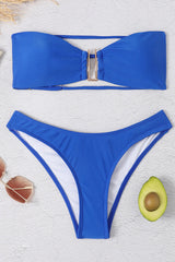 Blue Bandeau Bikini Top With A U-Shaped Metal Link