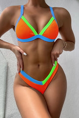 Orange Ribbed Colorblock Triangle Bikini Top