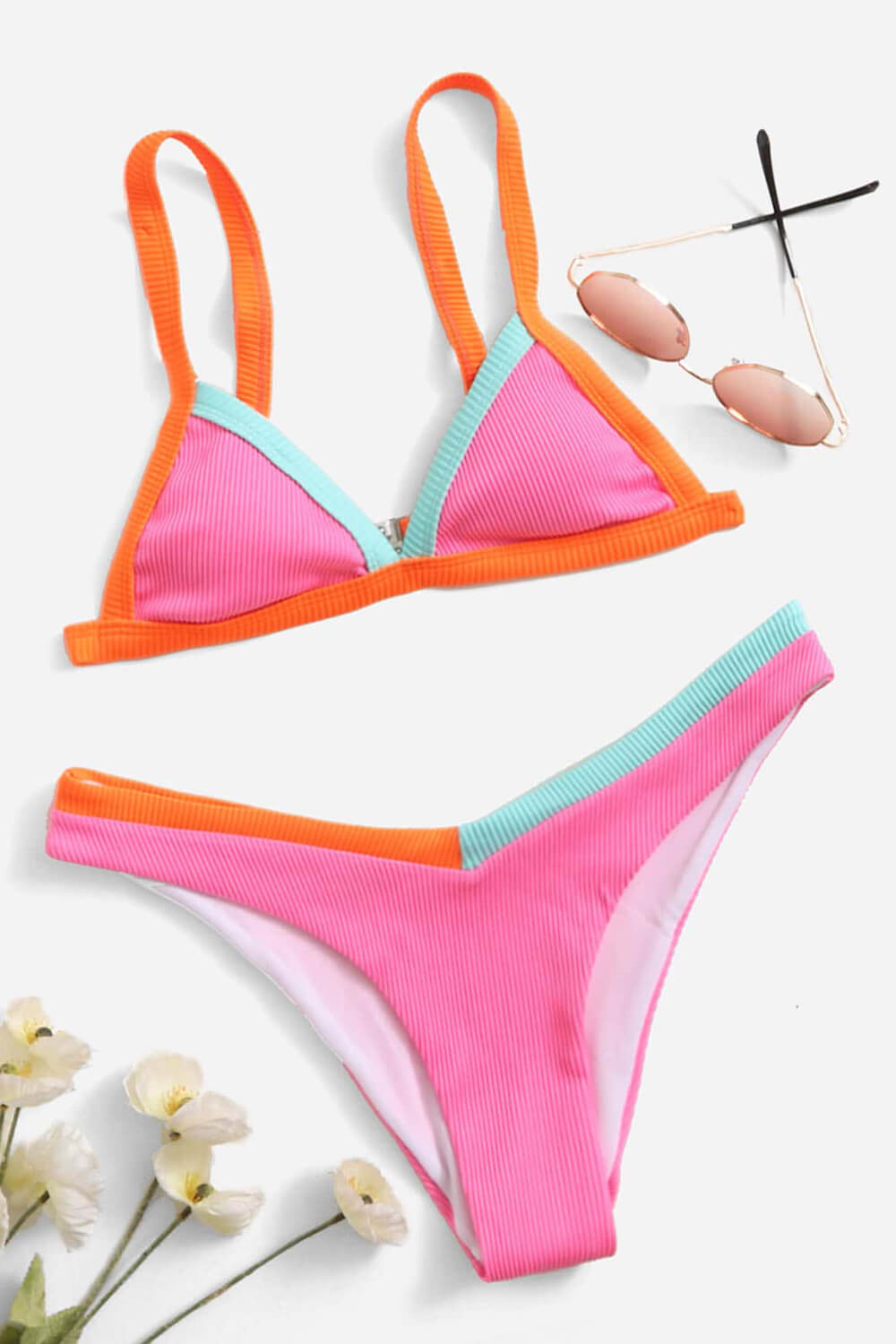 Hot Pink Ribbed Colorblock Triangle Bikini Top
