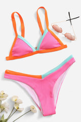 Hot Pink Ribbed Colorblock Triangle Bikini Top