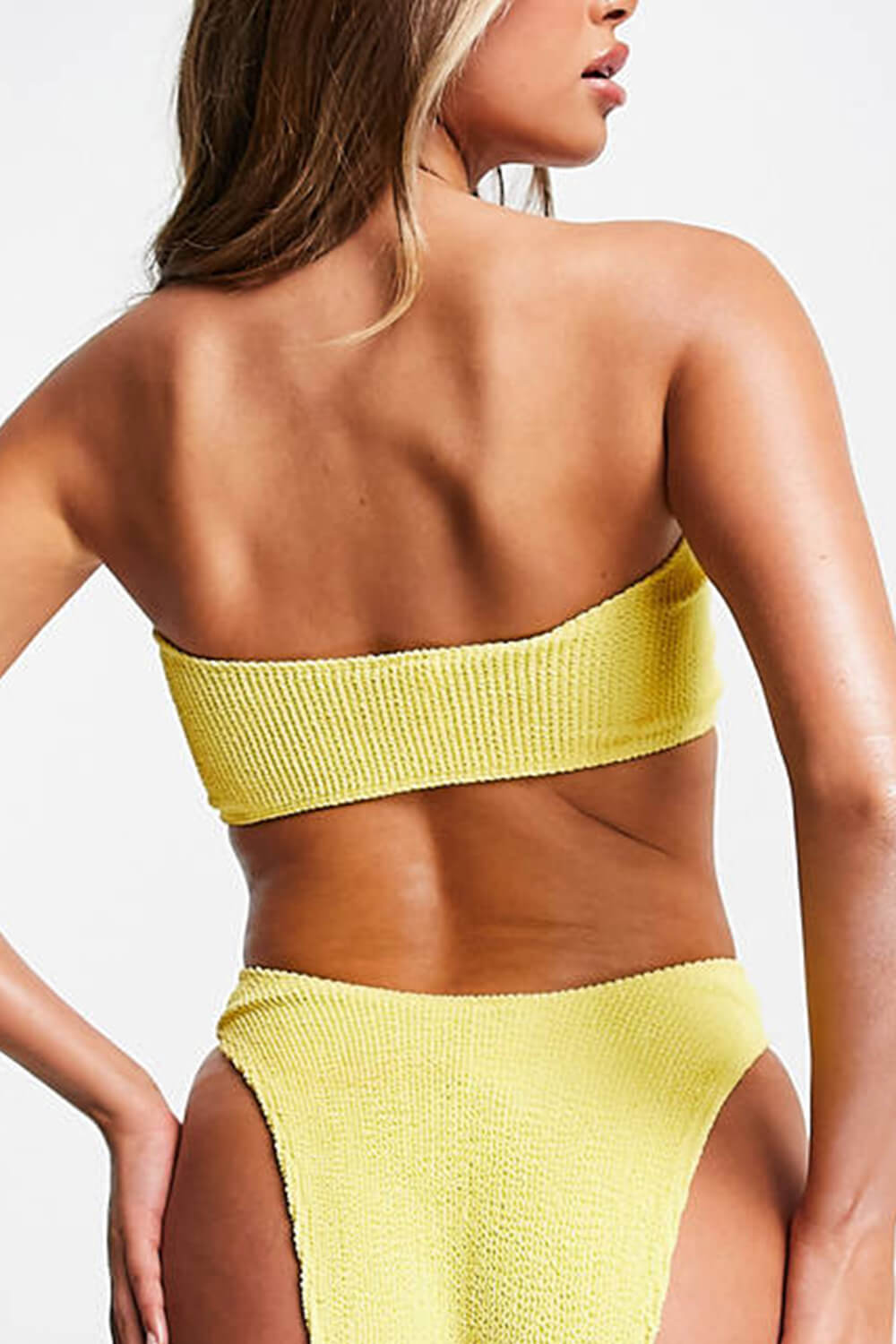 Crinkle Knot Bandeau High Waist  Bikini Set - Black/Neon Green/Yellow/Green/Pink