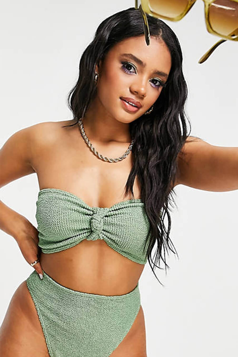 Crinkle Knot Bandeau High Waist  Bikini Set - Black/Neon Green/Yellow/Green/Pink