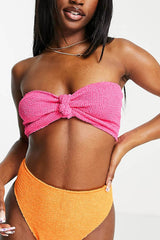 Mix And Match Crinkle Knot Bandeau High Waist Bikini Set - Neon Pink