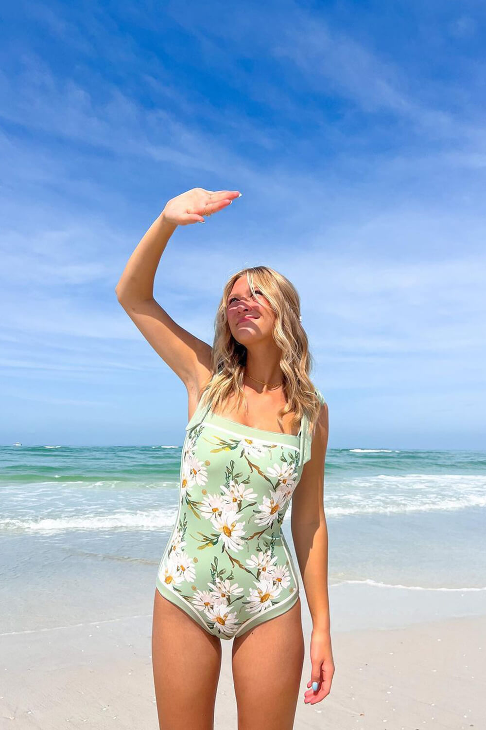Spring Green Floral Print Reversible Tie-Shoulder One Piece Swimsuit