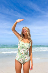Spring Green Floral Print Reversible Tie-Shoulder One Piece Swimsuit