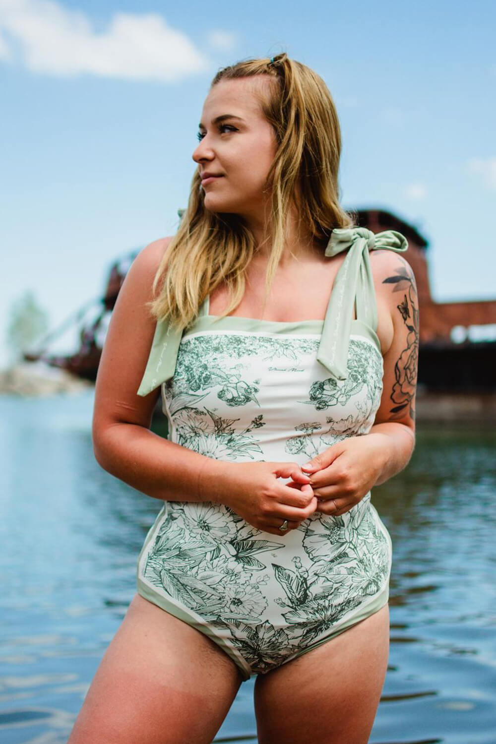 Spring Green Floral Print Reversible Tie-Shoulder One Piece Swimsuit