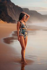 Floral & Banana Print Plunge Reversible Tie-Shoulder One Piece Swimsuit