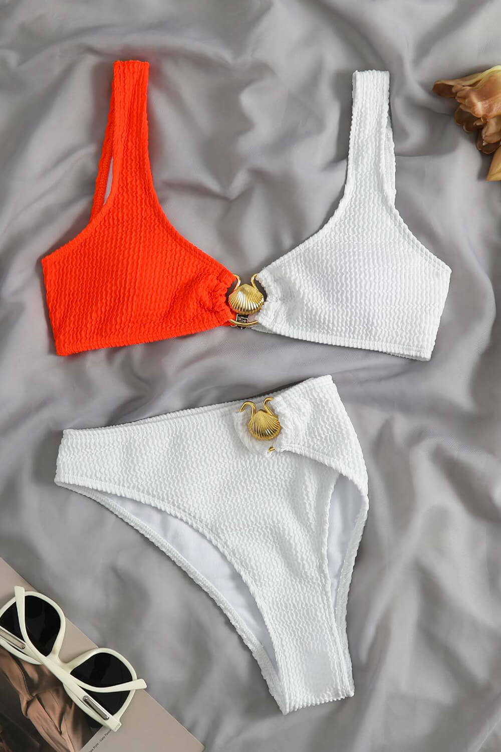 Color Block Crop Crinkle High Waisted Bikini Set With Gold Shell Detail