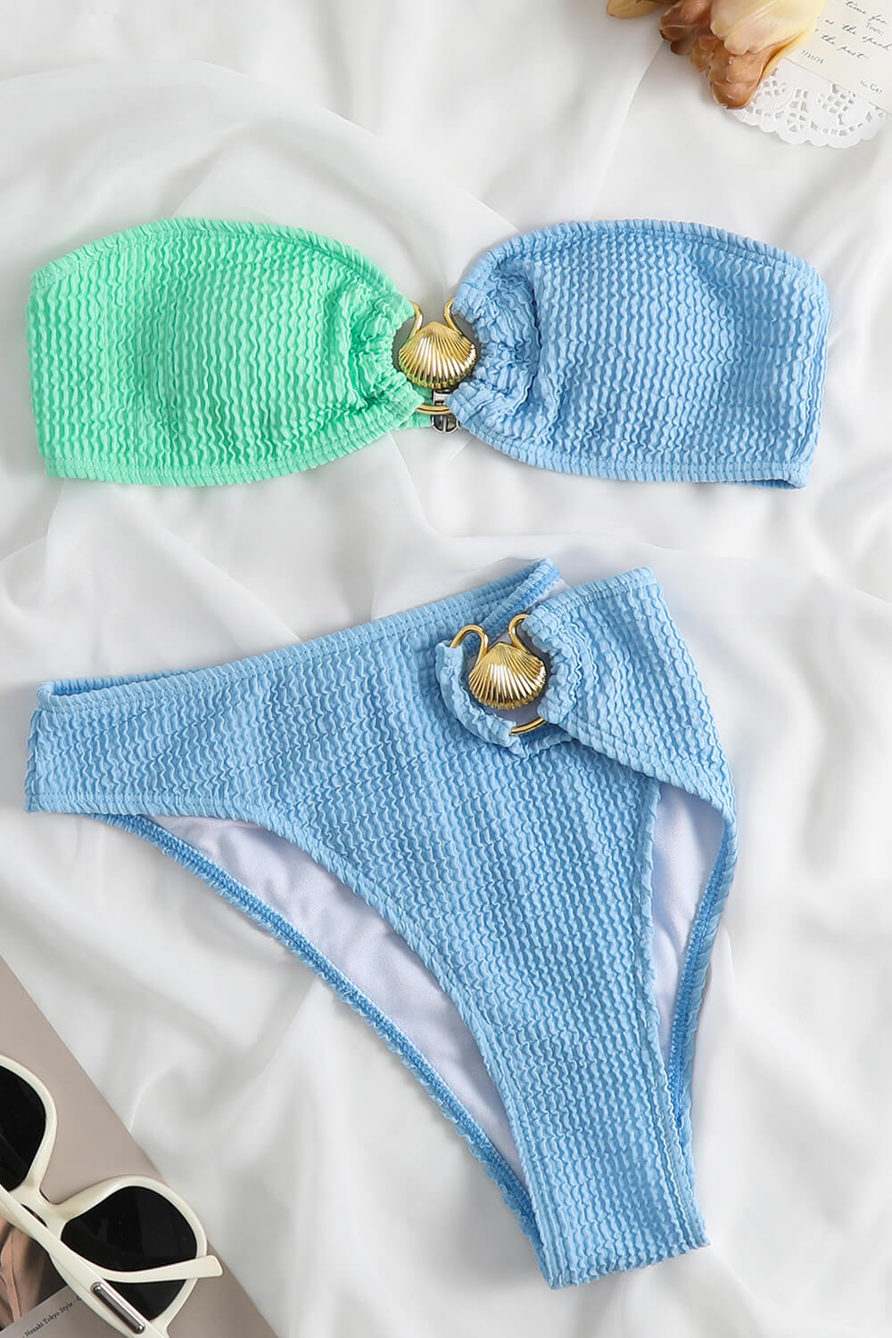 Color Block Bandeau Crinkle High Waisted Bikini Set With Gold Shell Detail