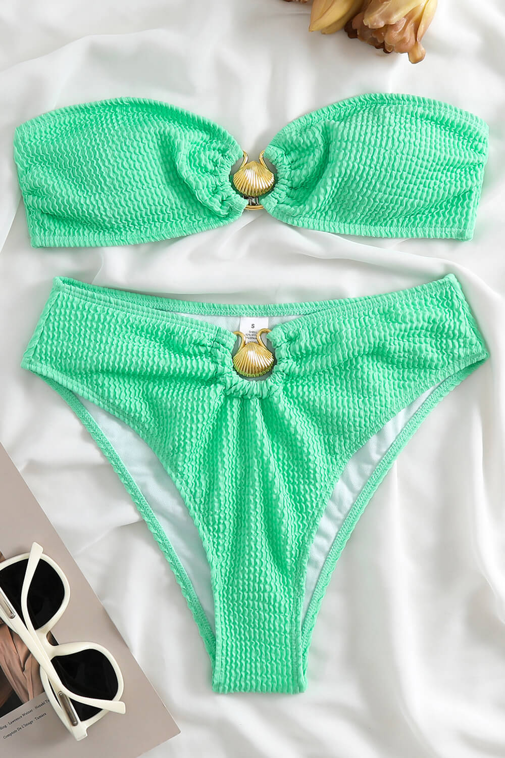 Bandeau Crinkle High Waisted Bikini Set With Gold Shell Detail - Mint/Light Blue/Black