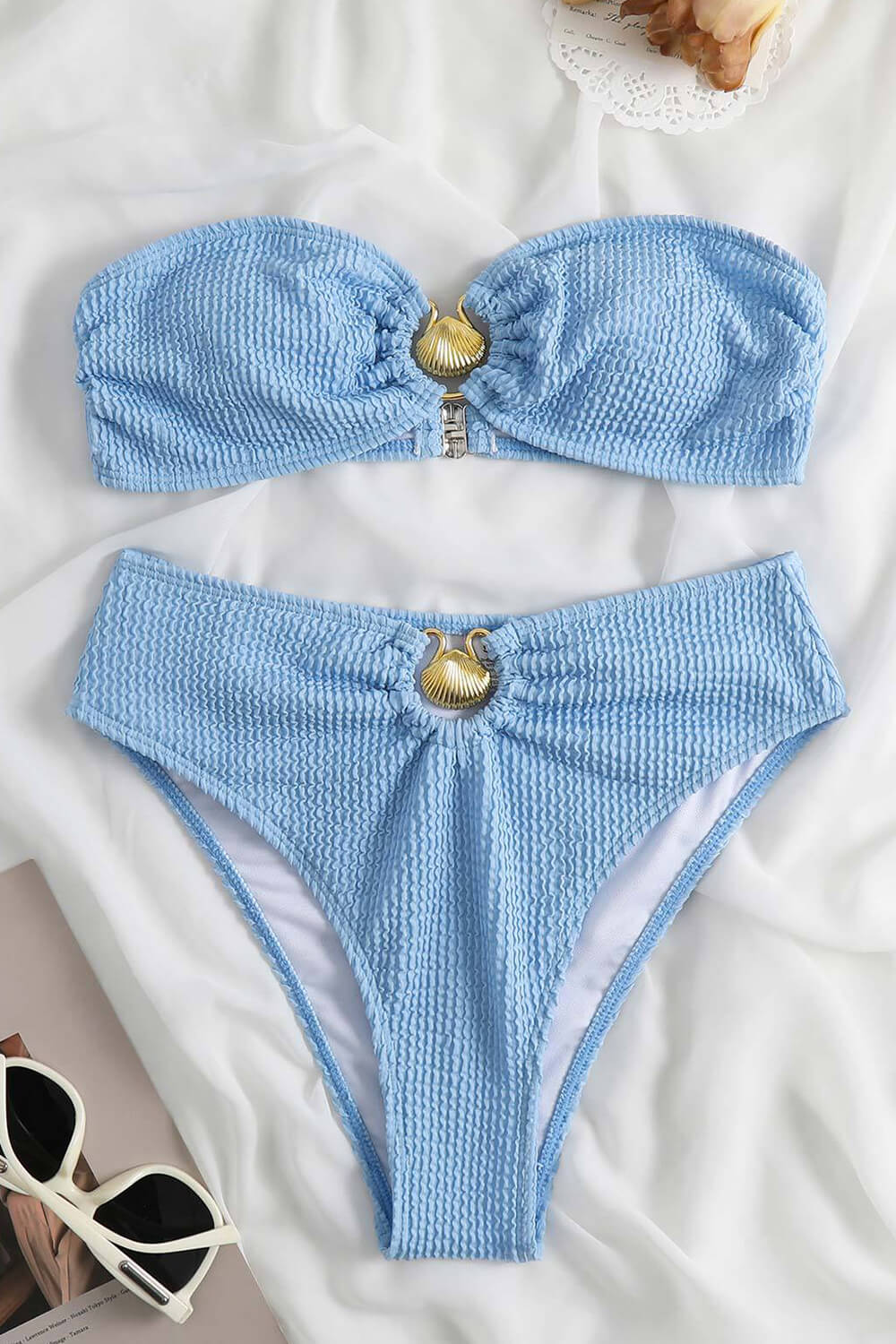 Bandeau Crinkle High Waisted Bikini Set With Gold Shell Detail - Mint/Light Blue/Black