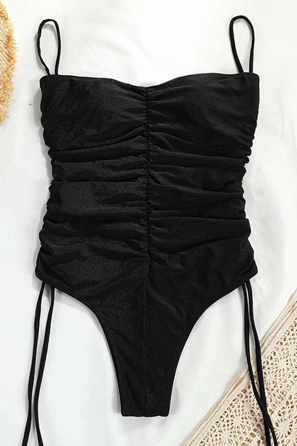 Ruched Spaghetti Lace Up Tie Side One Piece Swimsuit