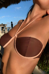Chocolate Color Block Halter-Neck V Wire Bralette Tanga Scrunch Back Bikini Set