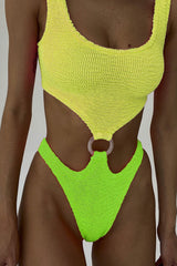 Color Block Crinkle Cut-Out Ring Middle One Piece Swimsuit - Yellow/Lime