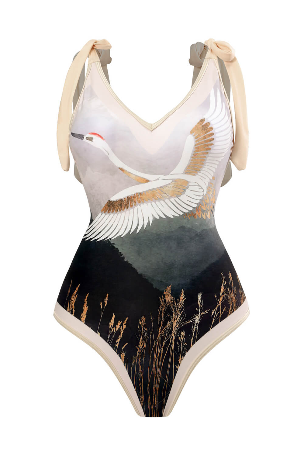 Whooping Crane Print Plunge Tie-Shoulder One Piece Swimsuit