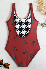 Houndstooth & Floral Print Reversible Open Back One Piece Swimsuit