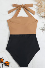 Color Block Halter Neck Open Back One Piece Swimsuit - Black & Chocolate