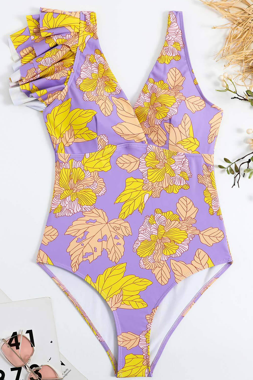 Hibiscus Print Ruffled Plunge One Piece Swimsuit