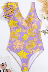 Hibiscus Print Ruffled Plunge One Piece Swimsuit
