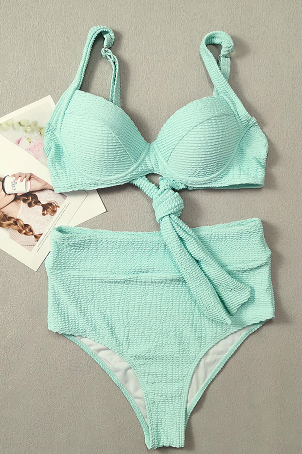 Sea Green Crinkle Underwired Balconette High Waisted Bikini Set