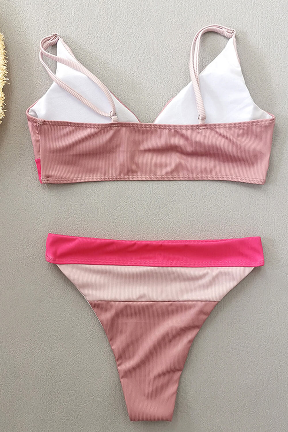 Rouge Color Block Ribbed V Neck Triangle High Waisted Bikini Set