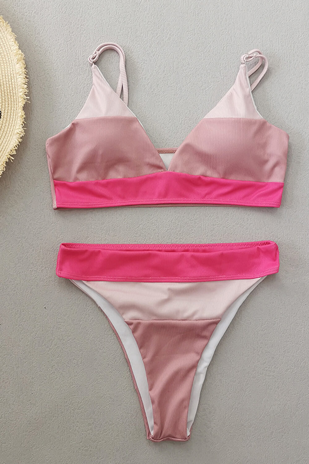 Rouge Color Block Ribbed V Neck Triangle High Waisted Bikini Set
