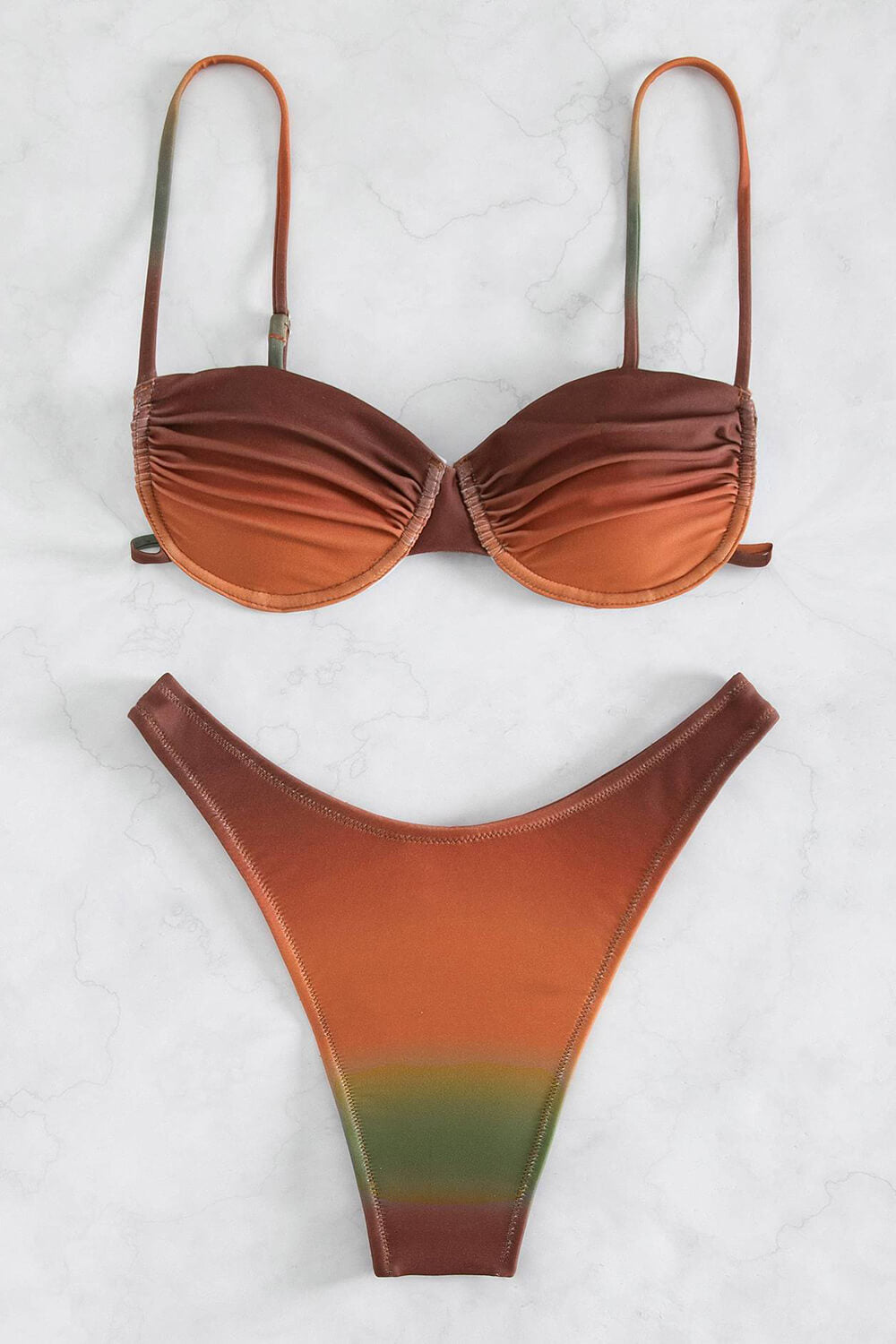 Ombre Balconette Underwire High-Cut Bikini Set - Brown