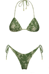 Green Floral Crinkle Halter Tie Side Bikini Set
