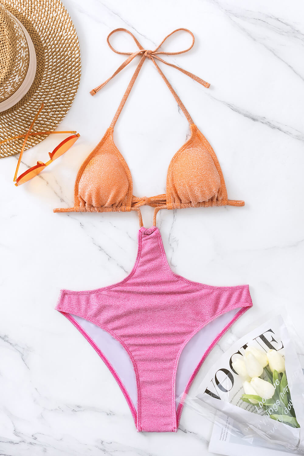 Colorblock Shimmer Cut-Out Halter One Piece Swimsuit