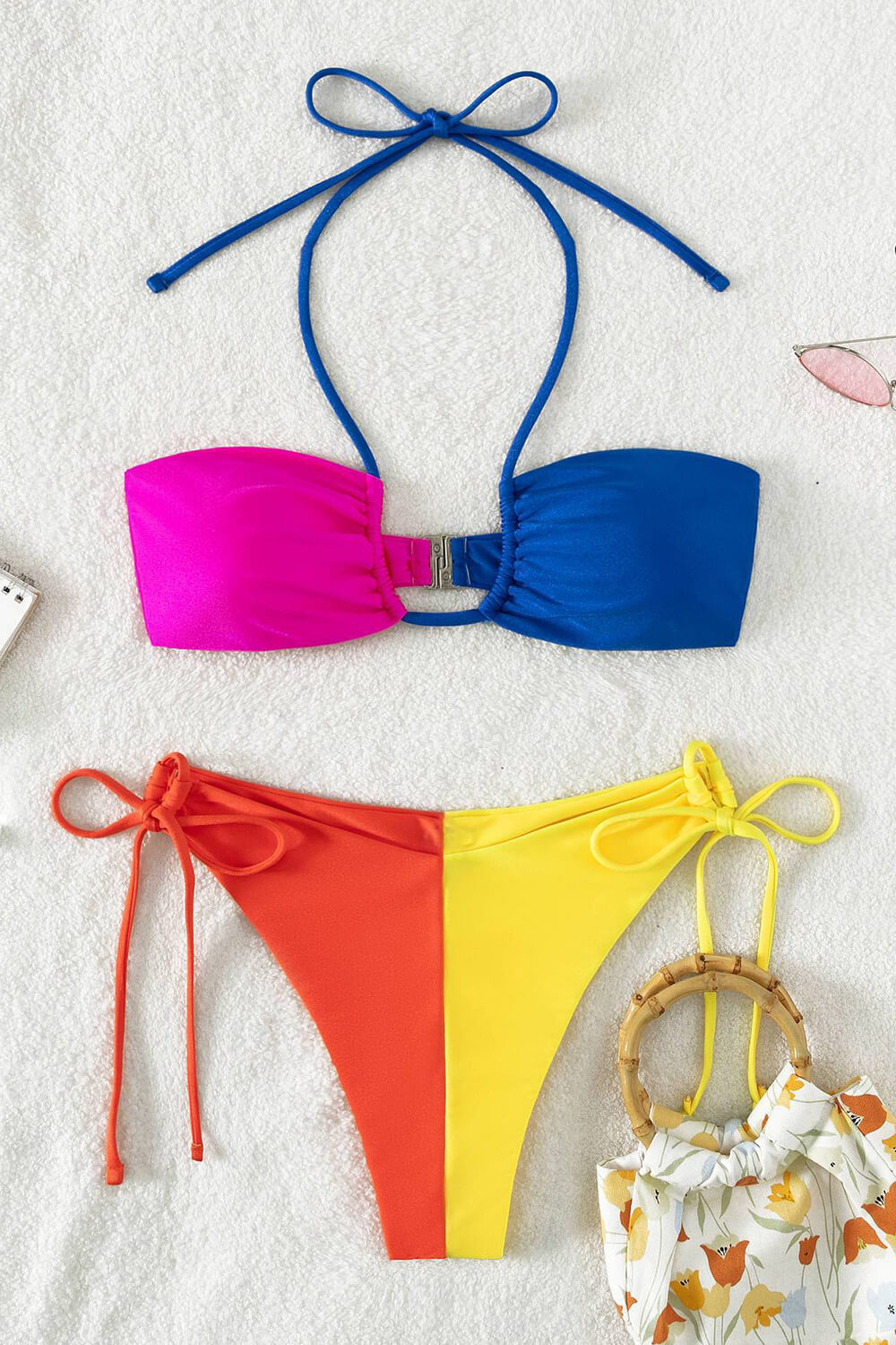 Colorblock Halterneck Lace Up Bikini Set