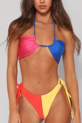 Colorblock Halterneck Lace Up Bikini Set