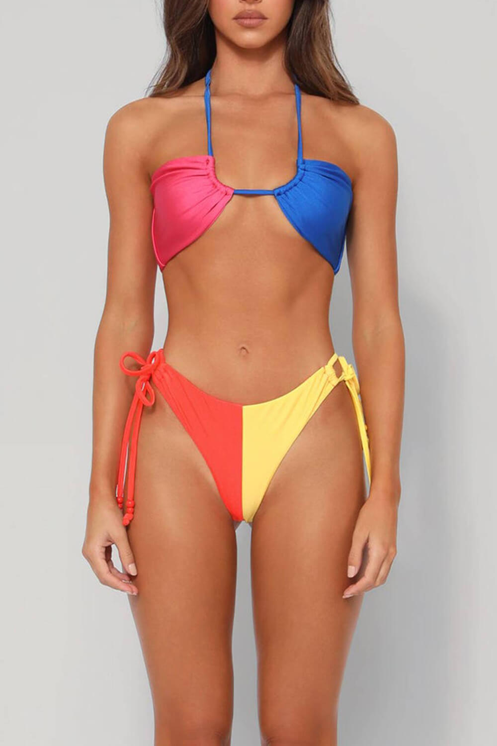 Colorblock Halterneck Lace Up Bikini Set