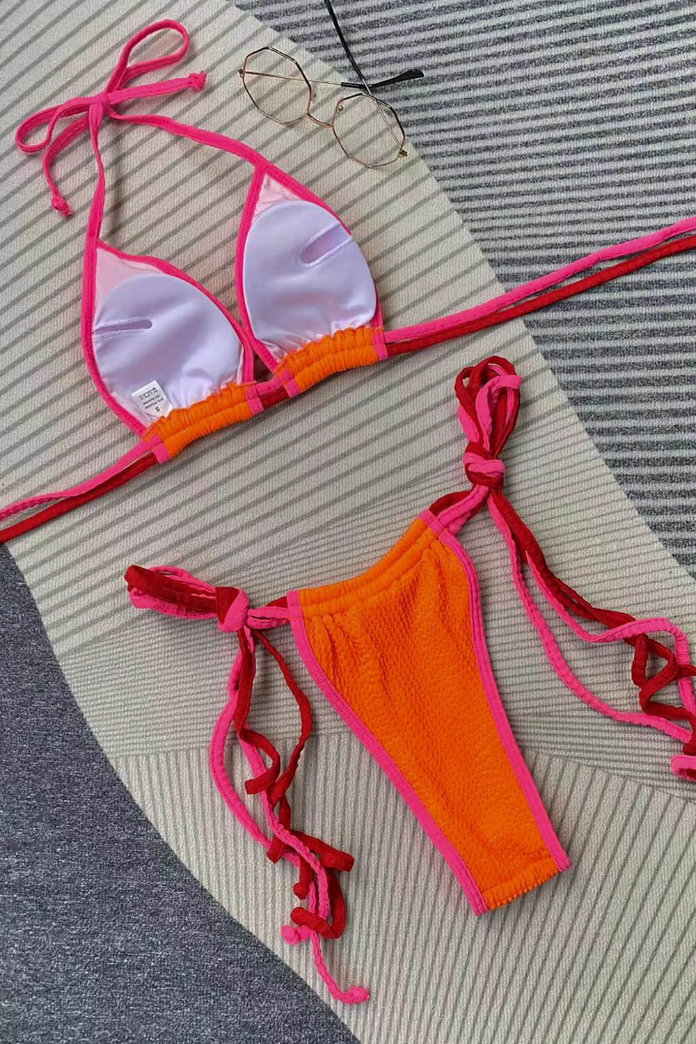 Orange Crinkle Triangle Halter Tie Side Bikini Set