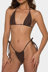 Halter Triangle Tie Side Bikini Set With Ring Detailing - Brown