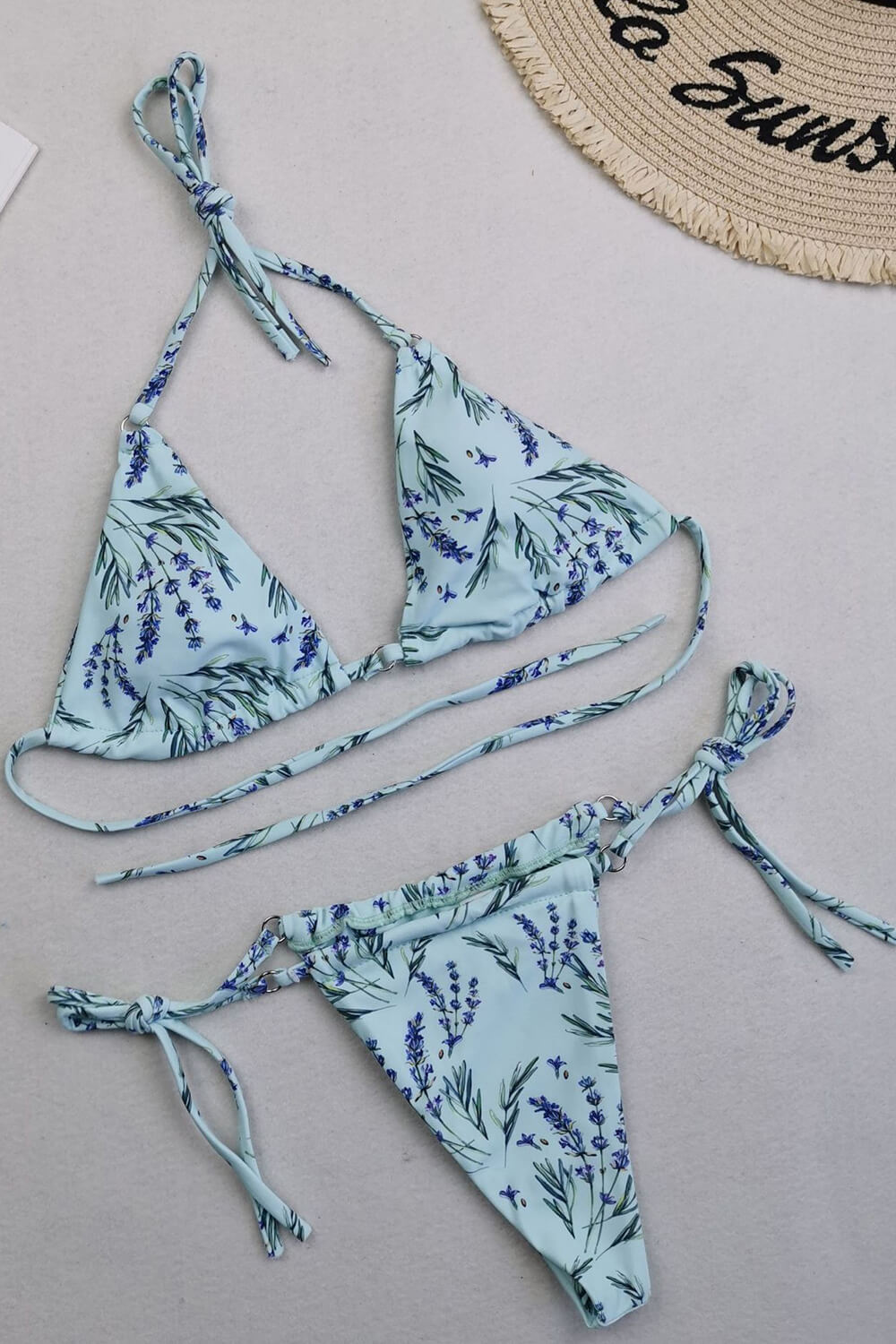 Halter Triangle Tie Side Bikini Set With Ring Detailing - Lavender Green