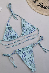 Halter Triangle Tie Side Bikini Set With Ring Detailing - Lavender Green