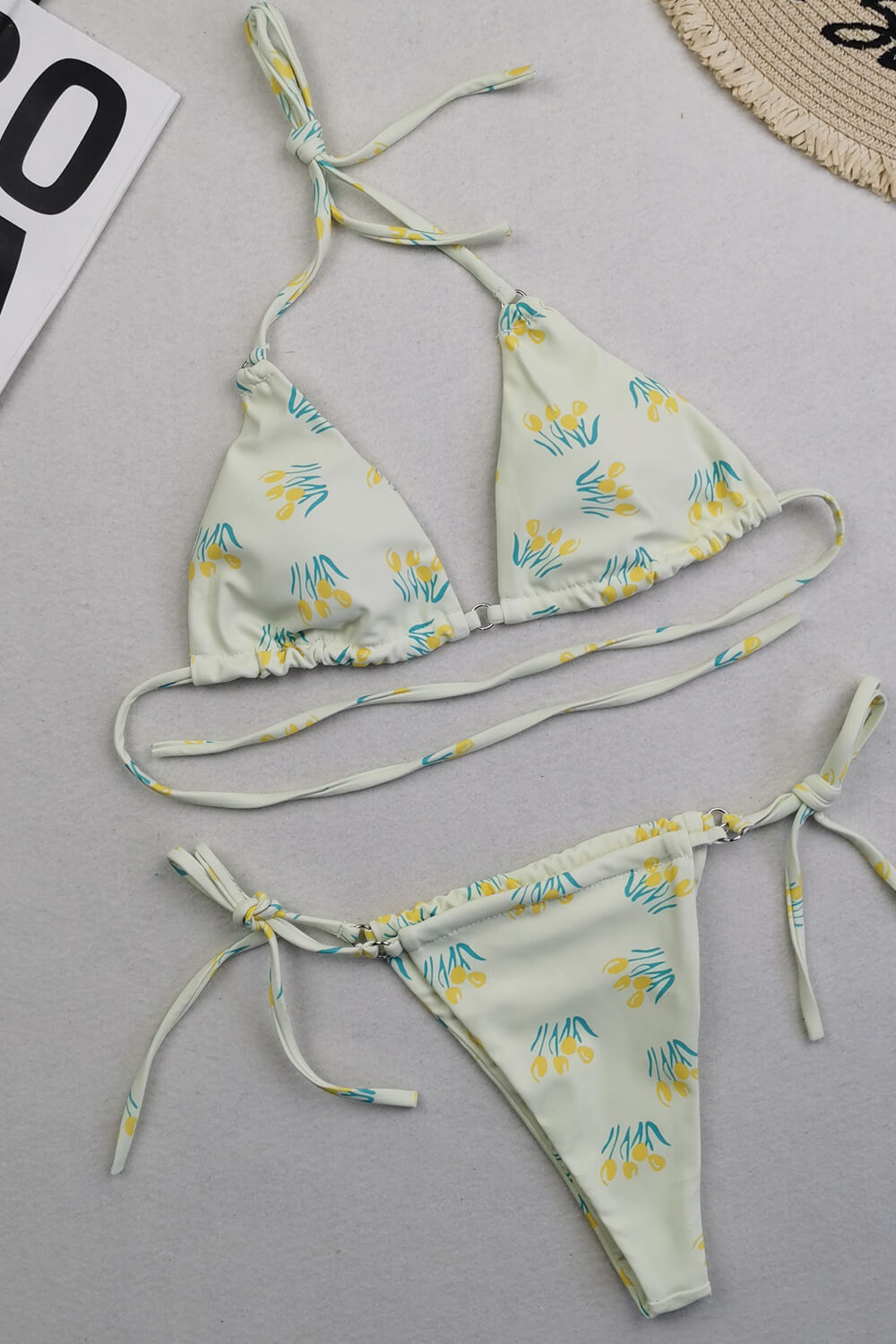 Halter Triangle Tie Side Bikini Set With Ring Detailing - Tulips