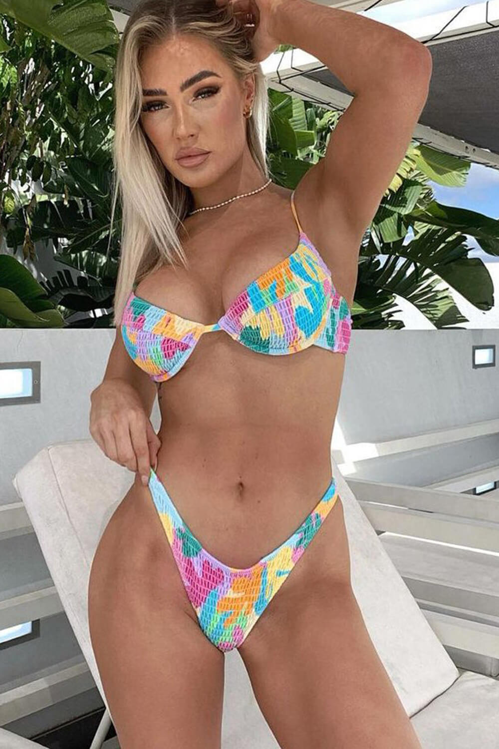 Cannes Print Balconette Crinkle Ruched Underwire High Cut Bikini Set