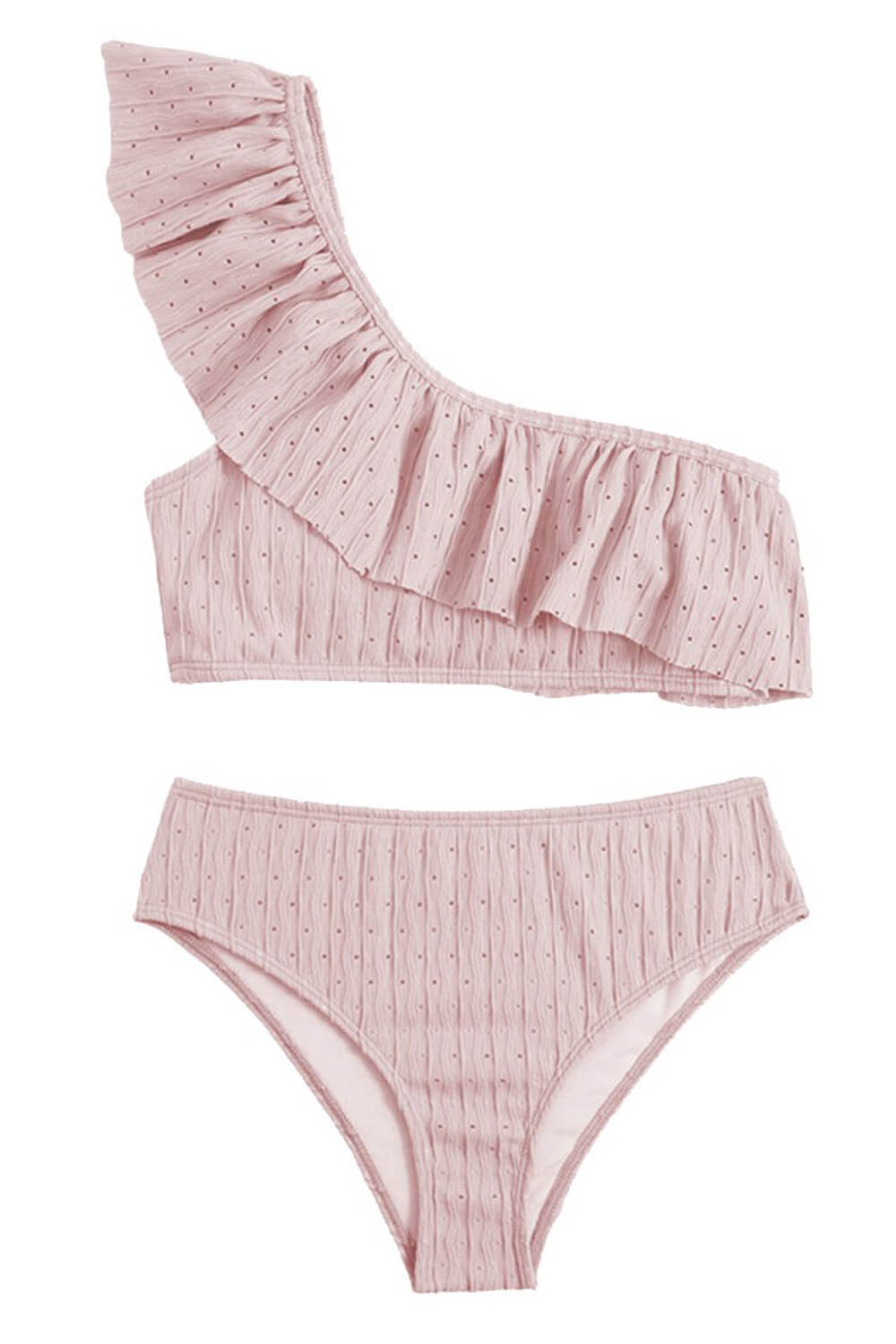 Wave Textured Ruffle One Shoulder High-Waisted Bikini Set