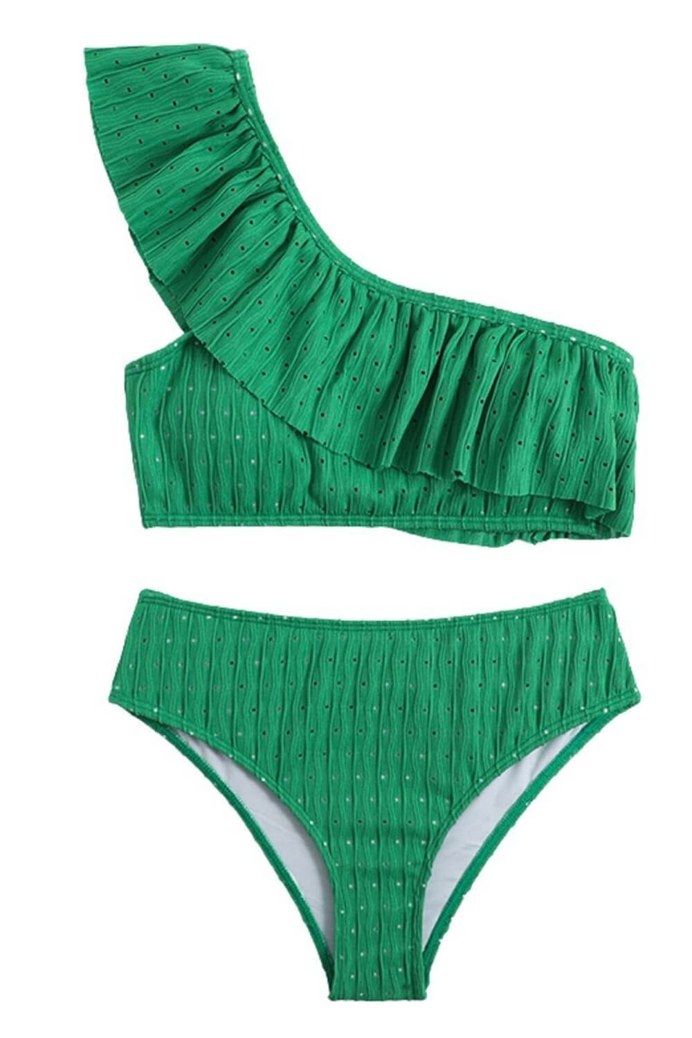 Wave Textured Ruffle One Shoulder High-Waisted Bikini Set
