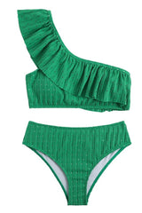 Wave Textured Ruffle One Shoulder High-Waisted Bikini Set