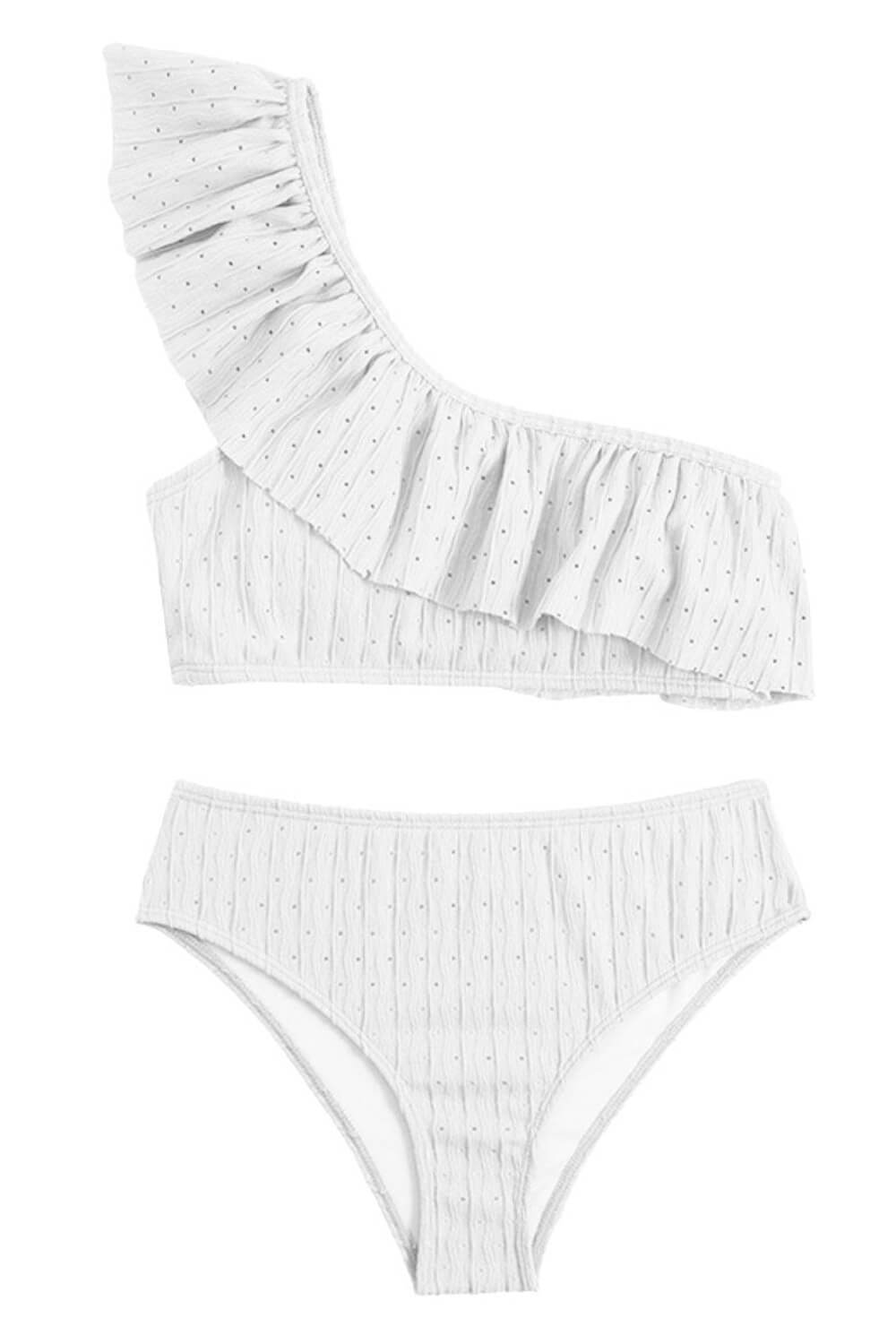Wave Textured Ruffle One Shoulder High-Waisted Bikini Set