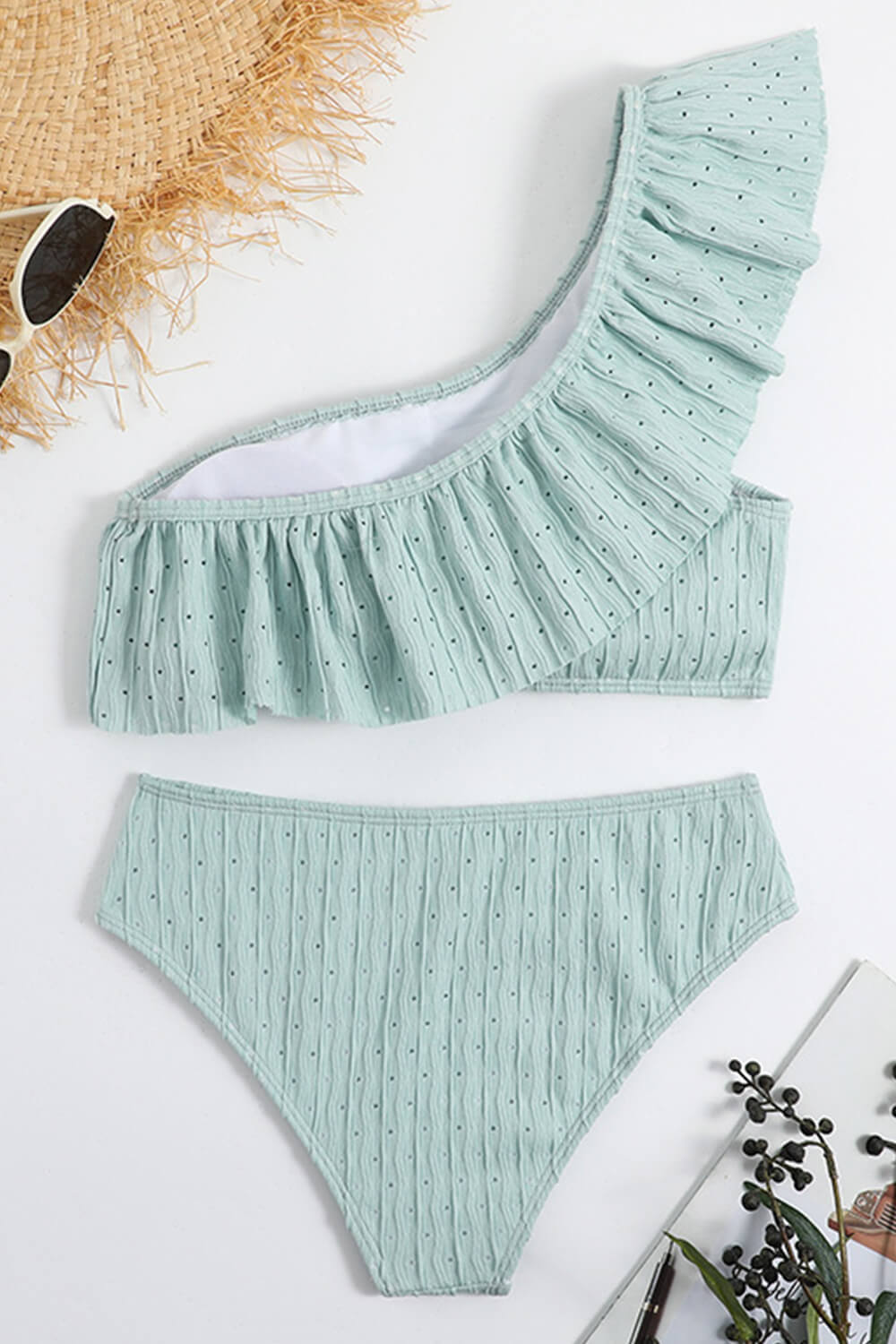 Wave Textured Ruffle One Shoulder High-Waisted Bikini Set