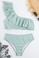Wave Textured Ruffle One Shoulder High-Waisted Bikini Set