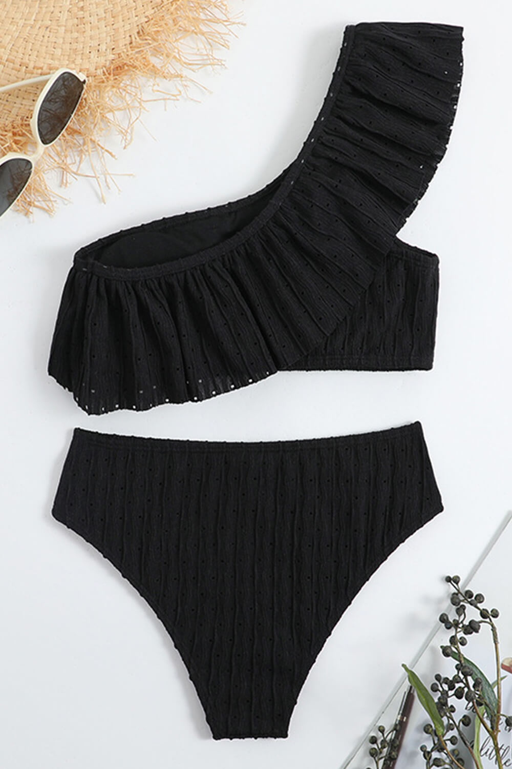 Wave Textured Ruffle One Shoulder High-Waisted Bikini Set