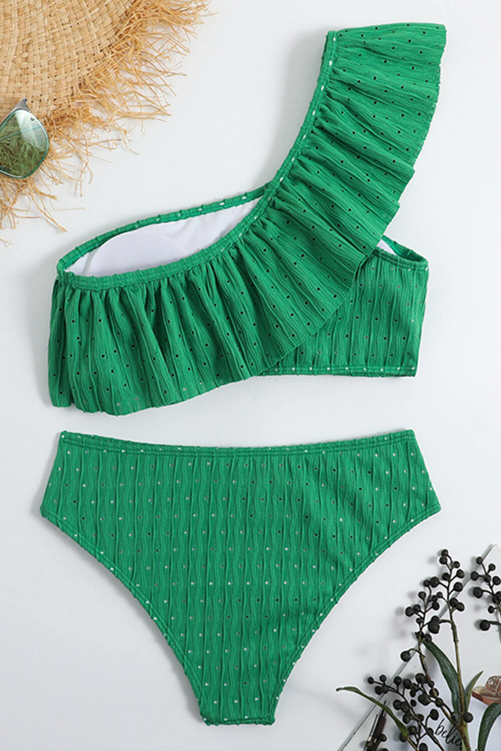 Wave Textured Ruffle One Shoulder High-Waisted Bikini Set