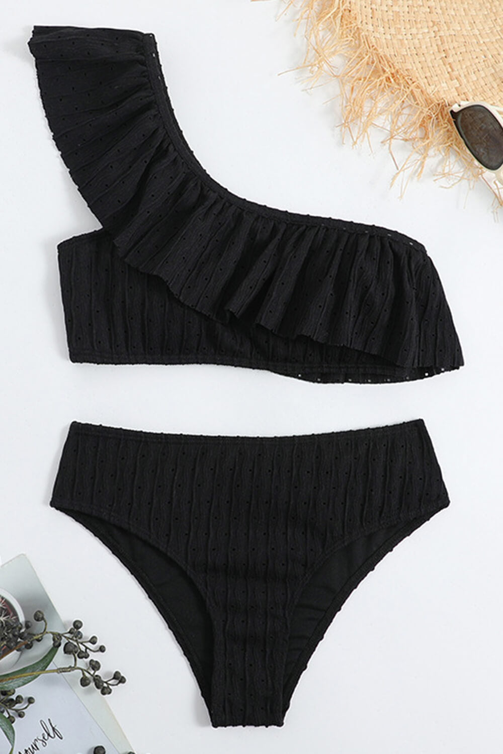 Wave Textured Ruffle One Shoulder High-Waisted Bikini Set