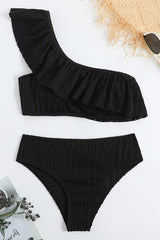 Wave Textured Ruffle One Shoulder High-Waisted Bikini Set