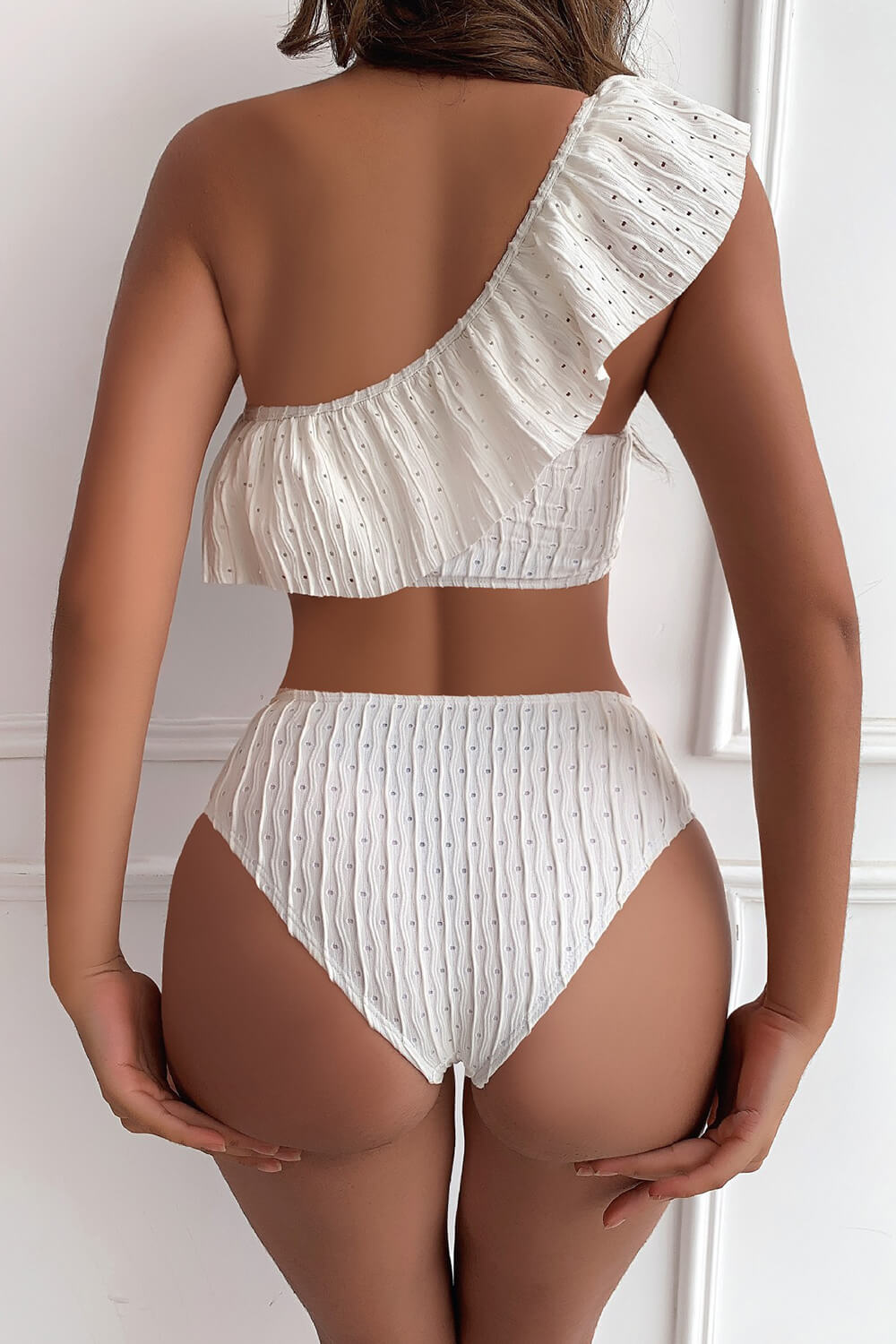 Wave Textured Ruffle One Shoulder High-Waisted Bikini Set